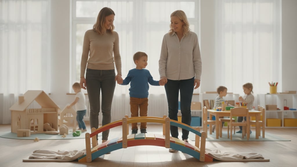 ילד קטן אוחז ביד של הורה בכניסה לגן ילדים צבעוני