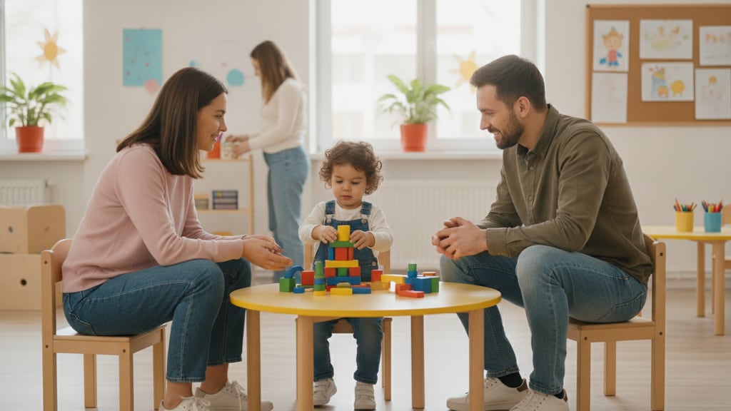 הורה וילד משוחחים בחיוך עם גננת בגן ילדים מזמין ומואר