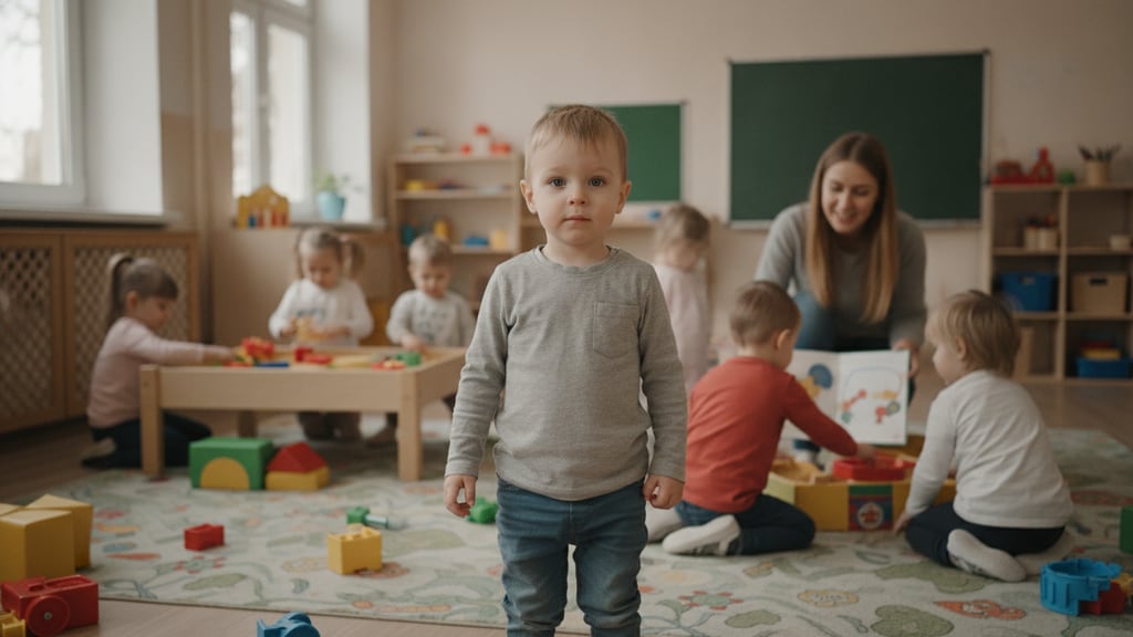 ילד בן שלוש משחק בצעצועים בגן, מסתגל למסגרת החדשה